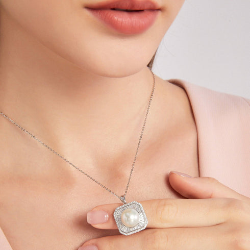 11-12mm Freshwater Pearl & Square CZ Pendant Necklace - House Of Pearls